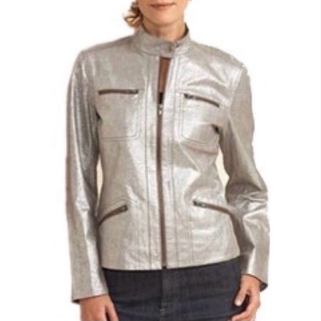 Chico's Metallic Silver Leather Jacket Moto Zip Details Soft Size Medium